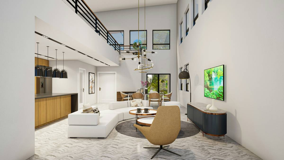 Family relaxing in minimalist vacation stays with open floor plan and coastal views